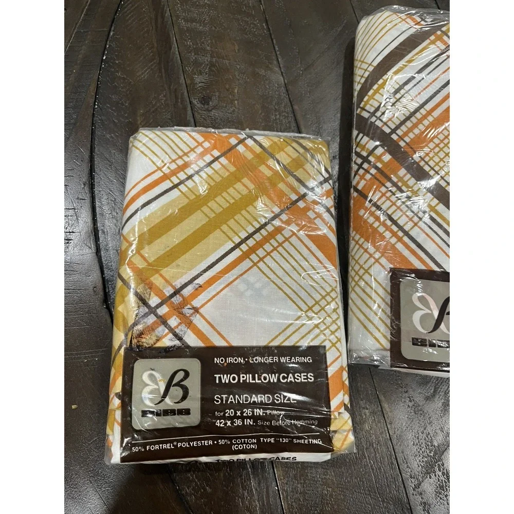 Vintage Bibb Double Flat Sheet 2 Pillow Cases Brown Gold Orange Geo Line MCM NOS